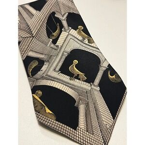 M C Escher Silk Tie Relativity Architecture Art Novelty Black Gold 3.5 Italy